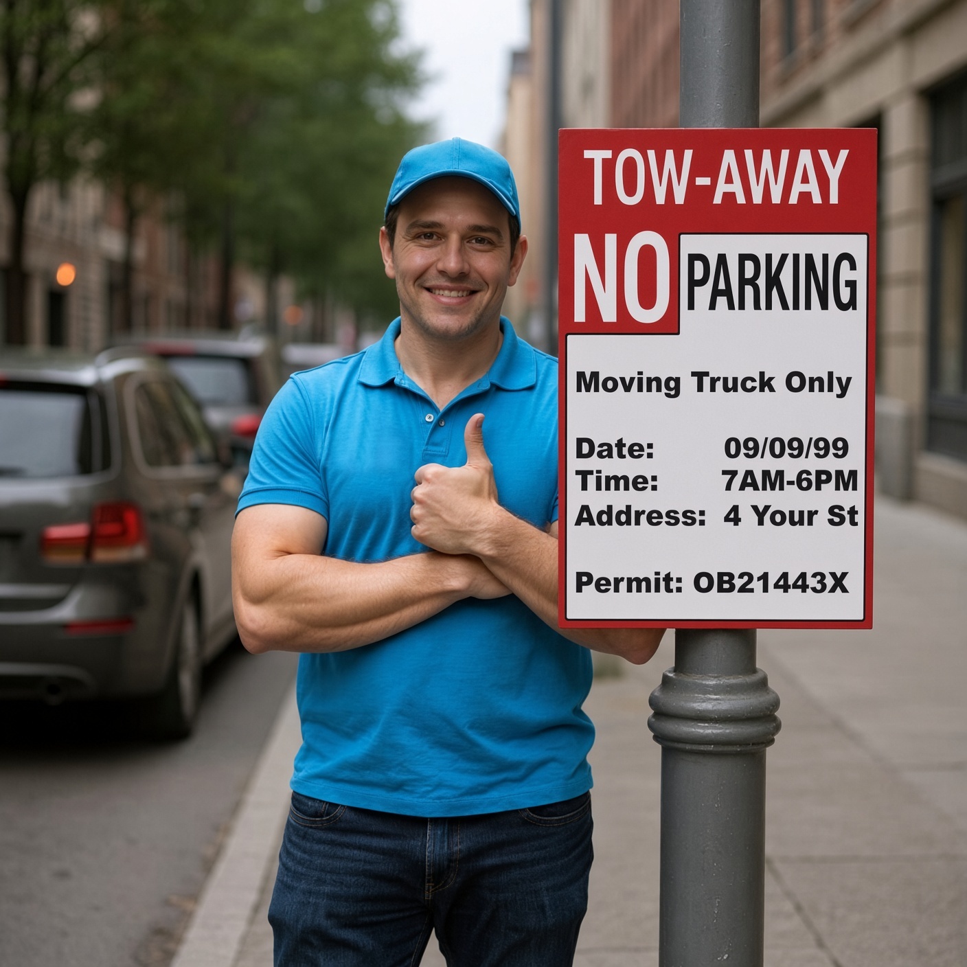 EasyPermits permit specialist next to a no parking permit sign